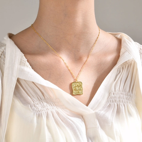 Collana Vintage in Rame Placcato Oro Tic-Tac-Toe Con Ciondolo a Griglia Geometrica Stella Luna in Zirconia per Donna