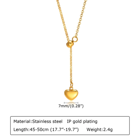 Minimalist Stainless Steel Heart Pendant Necklace Adjustable Slide Bead Chain Gold Plated Elegant Y Shape Jewelry For Women Gift