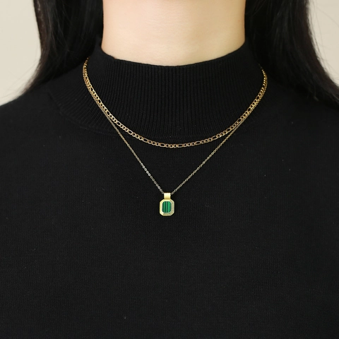 Double Layer Stainless Steel Rectangle Pendant Necklace For Women Gold Plated Figaro Chain Geometric Choker Jewelry Gift