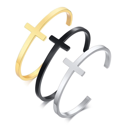 Bracciale Aperto in Acciaio Inossidabile con Croce Minimalista per Uomo Donna Semplice Lucido Gioielli Religiosi Accessorio