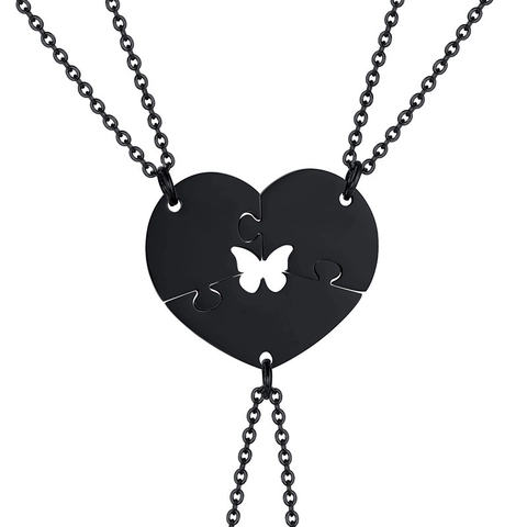 Collier Pendentif Puzzle Cœur Papillon Évidé en Acier Inoxydable pour Femmes Bijoux d'Amitié BFF Noir Argent