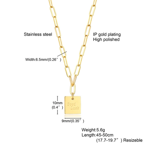 Collar Minimalista de Acero Inoxidable Con Colgante Cuadrado Good Luck para Mujer Cadena de Clip Chapada en Oro 18K Joyería
