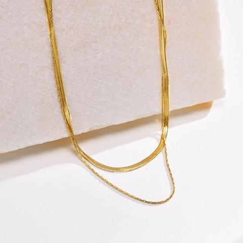 Doppellagige Edelstahl Schlangenkette Halskette Vergoldet Flach Fischgrätenkette Choker Für Damen Mode Schmuck