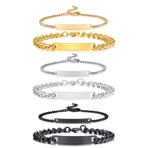 Minimalist Stainless Steel Curved ID Plate Bracelet For Women Men Curb Chain High Polished Silver Gold Black Jewelry Gift