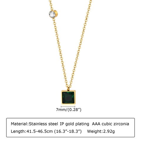Collar con Colgante de Strass Verde Cuadrado de Acero Inoxidable Minimalista para Mujer Chapado en Oro Joyería Elegante