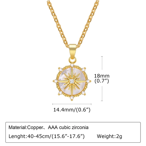 Collana con Pendente Bussola a Stella in Rame Placcato Oro 18K con Zirconia e Conchiglia Gioielli di Moda Retro Vintage Donna