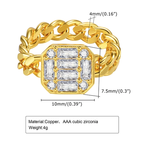 Vergoldeter Kupfer Panzerkette Ring Für Damen Zirkonia Pavé Rechteckig Statement Fingerring Mode Schmuck