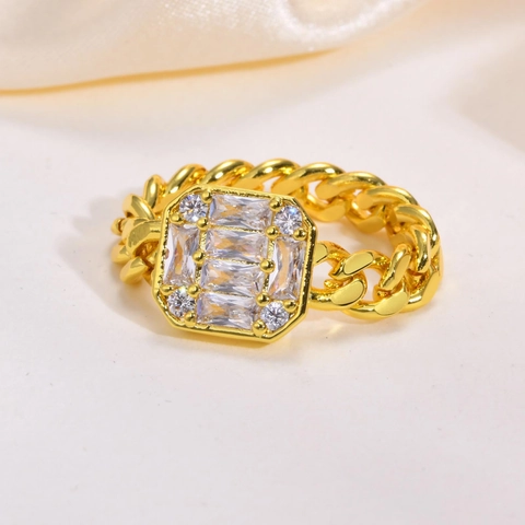 Vergoldeter Kupfer Panzerkette Ring Für Damen Zirkonia Pavé Rechteckig Statement Fingerring Mode Schmuck