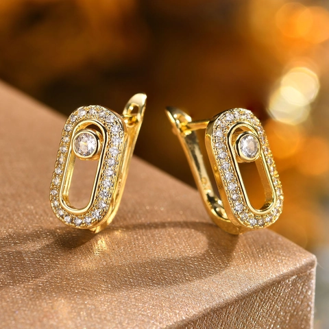 Orecchini a Cerchio Ovali in Rame Placcato Oro Con Zirconia Diamante Scorrevole Intarsiato Per Donna Gioielli Eleganti