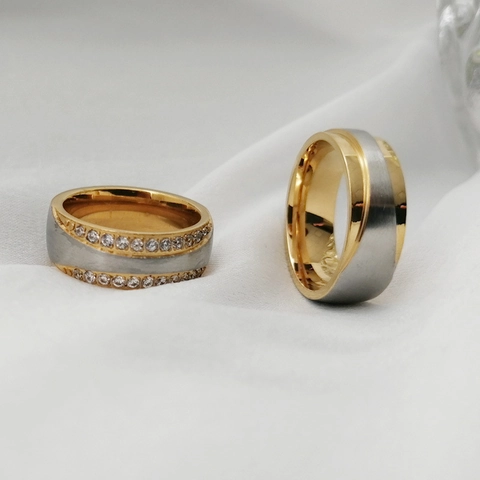 Moderne Edelstahl Paar Ringe Für Damen Herren Gold Silber Zweifarbig Gebürstet Zirkonia Eingelegt Hochzeit Band Verlobungsring