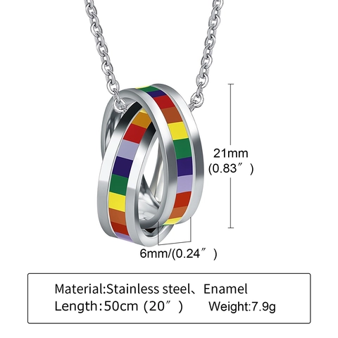Stainless Steel Rainbow Pride Double Interlocking Ring Pendant Necklace For Men Women LGBT Jewelry Rainbow Stripe Charm