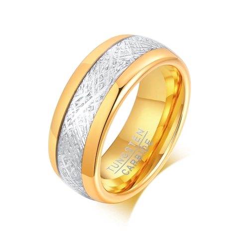 Men 8mm Tungsten Carbide Ring Gold Silver Two Tone Meteorite Pattern Embossed Wedding Band Minimalist Fashion Jewelry