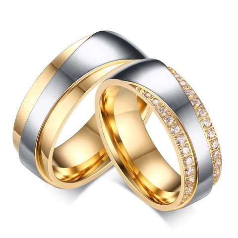 Moderne Edelstahl Paar Ringe Für Damen Herren Gold Silber Zweifarbig Gebürstet Zirkonia Eingelegt Hochzeit Band Verlobungsring