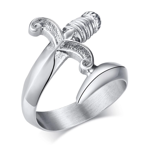 Vintage Punk Hip Hop Stainless Steel Dagger Wrap Ring For Men Gothic Curved Sword Open Adjustable Finger Ring Jewelry Gift