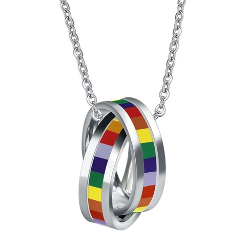 Stainless Steel Rainbow Pride Double Interlocking Ring Pendant Necklace For Men Women LGBT Jewelry Rainbow Stripe Charm