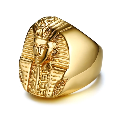 Vintage Stainless Steel Men Egyptian Pharaoh Relief Ring Gold IP Plating High Polished Punk Hip Hop Jewelry Gift For Travel