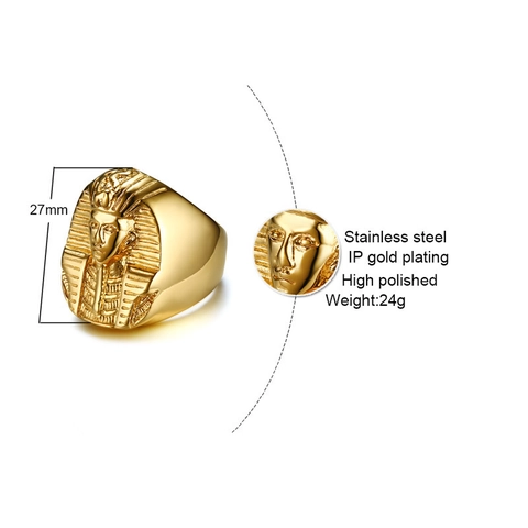 Vintage Stainless Steel Men Egyptian Pharaoh Relief Ring Gold IP Plating High Polished Punk Hip Hop Jewelry Gift For Travel