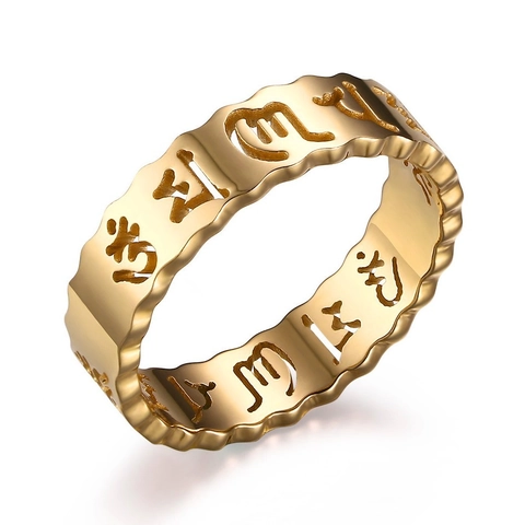 Vintage Stainless Steel Hollow Mantra Ring For Men Gold Silver Religious Buddhist Sanskrit Wave Edge Band Ring Jewelry Gift