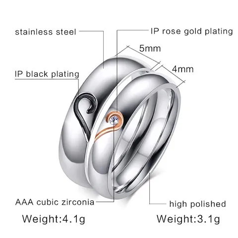 Bague de Couple Puzzle en Forme de Cœur Acier Titane Noir Or Rose Zirconia Incrusté Pour Hommes Femmes Bijoux de Mode
