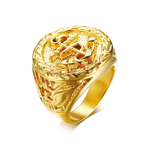 Men Vintage Stainless Steel Anchor Signet Ring Gold IP Plated Nautical Eagle Design High Polished Biker Jewelry Finger Ring