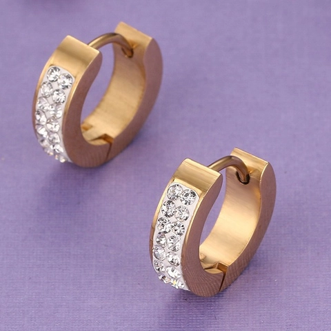Stainless Steel Double Row Rhinestone Huggie Hoop Earrings Gold Steel Color Fashion Jewelry For Women Daily Party Wear