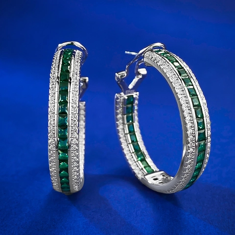 Luxus 925 Sterlingsilber Smaragdgrün Ohrringe Für Damen Eingelegt Geometrisch Reihenfassung Strass Schmuck Geschenk