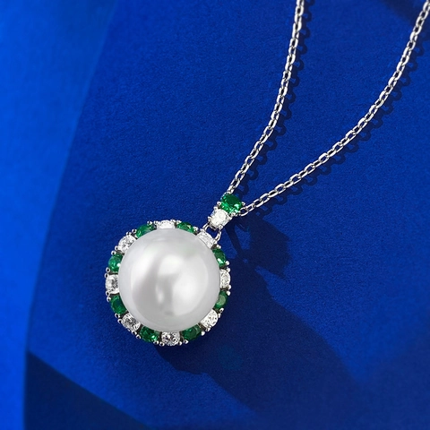 925 Sterling Silver Artificial Pearl Necklace With Emerald Green Rhinestone Pendant Luxury Jewelry Necklace For Women Gift
