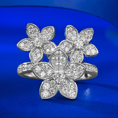 925 Sterlingsilber Drei Blumen Cluster Pave Strass Offener Ring Für Damen Luxus Französischer Stil Blumenschmuck