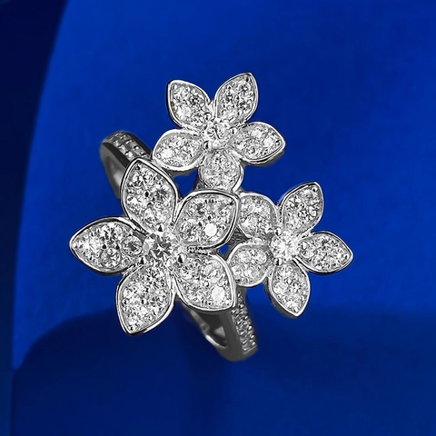 925 Sterlingsilber Drei Blumen Cluster Pave Strass Offener Ring Für Damen Luxus Französischer Stil Blumenschmuck