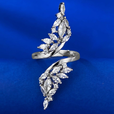 Bague Feuille en Argent Sterling 925 avec Strass pour Femme Mode Bypass Ouverte Ajustable Incrustée Pierre Blanche Marquise Bijoux