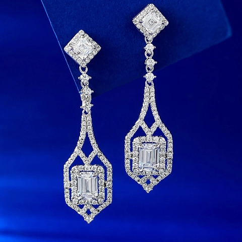 Luxury 925 Sterling Silver Long Drop Earrings For Women Emerald Cut Zirconia Vintage Geometric Rhinestone Dangle Earrings