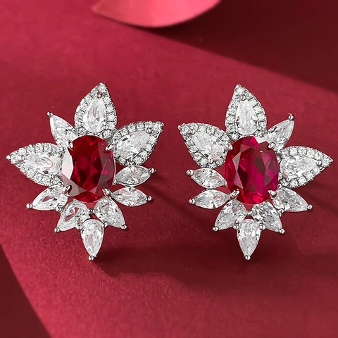 925 Sterling Silver Oval Flower Stud Earrings For Women Luxurious Elegant Rhinestone Inlaid Earring Jewelry Party Gift