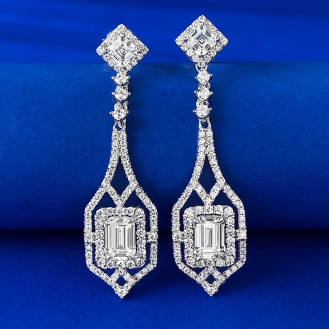 Luxury 925 Sterling Silver Long Drop Earrings For Women Emerald Cut Zirconia Vintage Geometric Rhinestone Dangle Earrings