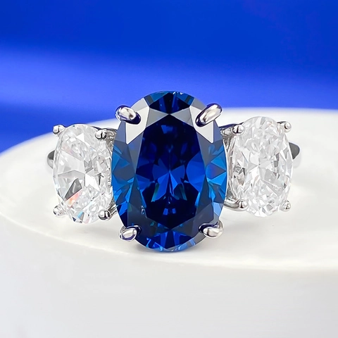 925 Sterlingsilber Drei-Steine-Ring Für Damen Oval Royalblau Strass Eingelegt Verlobung Hochzeit Band Feiner Schmuck