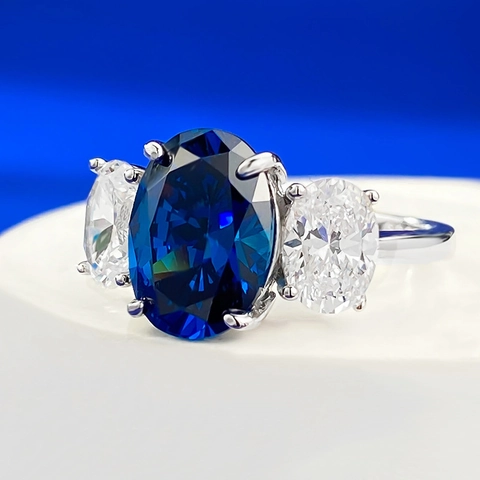 925 Sterlingsilber Drei-Steine-Ring Für Damen Oval Royalblau Strass Eingelegt Verlobung Hochzeit Band Feiner Schmuck