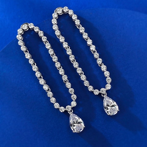 Boucles d'Oreilles Clous Pendantes Goutte d'Eau en Argent Sterling 925 pour Femmes Luxueux Strass Incrusté Taille Poire Bijoux de Mariage Banquet