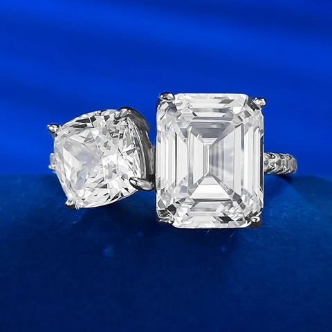 Anillo Toi et Moi de Plata de Ley 925 con Strass Blancos Corte Esmeralda Lujoso Anello de Doble Piedra para Mujer