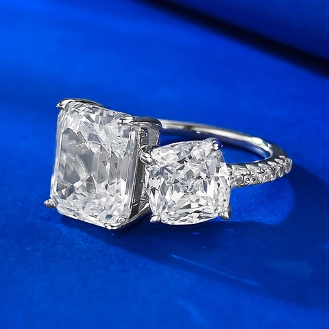 Anillo Toi et Moi de Plata de Ley 925 con Strass Blancos Corte Esmeralda Lujoso Anello de Doble Piedra para Mujer