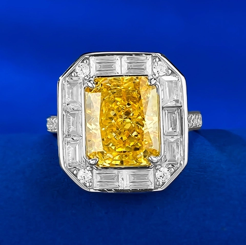 Luxury 925 Sterling Silver Radiant Cut Yellow Rhinestone Ring For Women Elegant Square Halo Banquet Wedding Jewelry Finger Ring