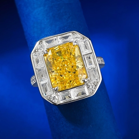 Luxury 925 Sterling Silver Radiant Cut Yellow Rhinestone Ring For Women Elegant Square Halo Banquet Wedding Jewelry Finger Ring