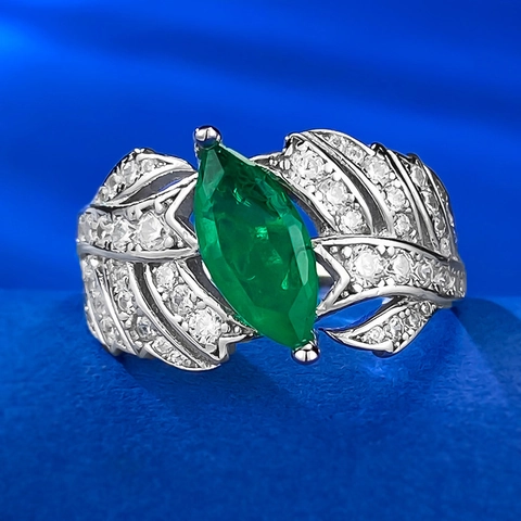 Luxury S925 Sterling Silver Marquise Cut Imitation Emerald Leaf Ring For Women Fashion Rhinestone Inlaid Elegant Jewelry Gift