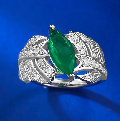 Luxury S925 Sterling Silver Marquise Cut Imitation Emerald Leaf Ring For Women Fashion Rhinestone Inlaid Elegant Jewelry Gift