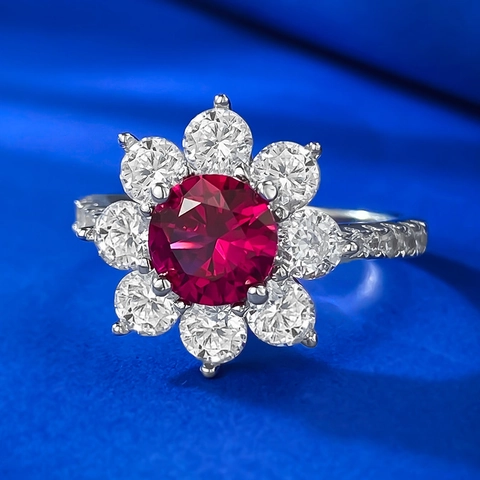 Luxury 925 Sterling Silver Flower Ring Red Rhinestone Inlaid Sunflower Geometric Jewelry For Women Wedding Banquet Gift