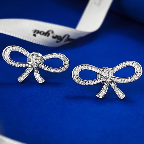 Eleganti Orecchini a Bottone con Fiocco in Argento Sterling 925 per Donna Piccoli Orecchini con Pavé di Strass Gioielli