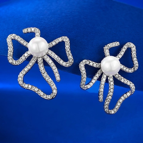 925 Sterling Silver Bowknot Stud Earrings For Women Elegant Artificial Pearl Rhinestone Inlaid Fashion Commuter Jewelry