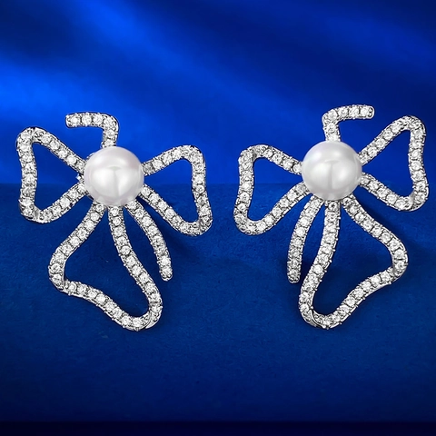 925 Sterling Silver Bowknot Stud Earrings For Women Elegant Artificial Pearl Rhinestone Inlaid Fashion Commuter Jewelry