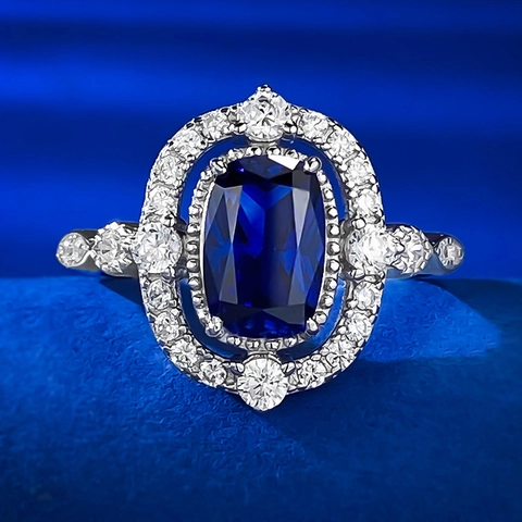 Vintage 925 Sterlingsilber Ring Für Damen Luxus Großer Blauer Edelstein Strass Halo Fingerring Jubiläum Party Mode Schmuck Geschenk