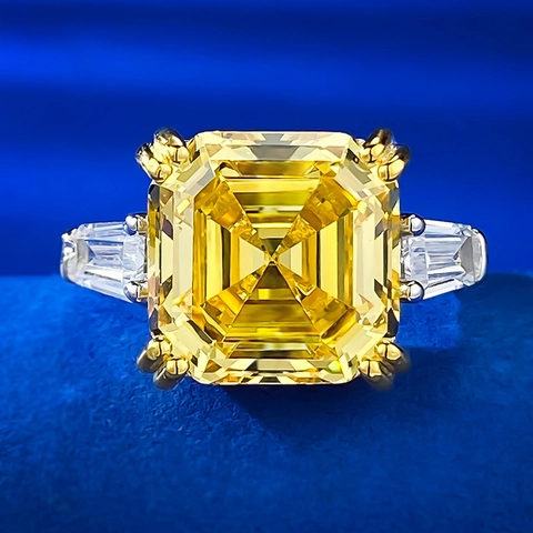 Asscher Cut Yellow Rhinestone Ring 925 Sterling Silver Three Stone Design Luxurious Engagement Jewelry Gift For Women