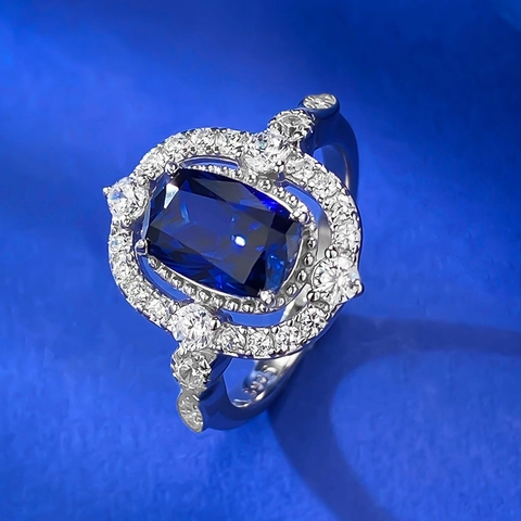 Vintage 925 Sterlingsilber Ring Für Damen Luxus Großer Blauer Edelstein Strass Halo Fingerring Jubiläum Party Mode Schmuck Geschenk