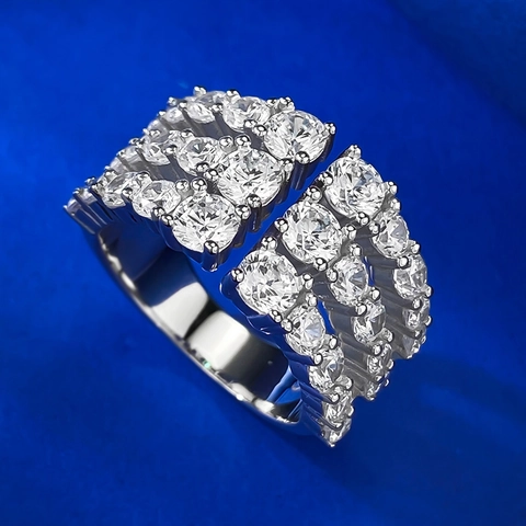 Anillo Abierto de Plata de Ley 925 de Lujo para Mujer con Incrustaciones de Diamantes de Imitación Blancos de Varias Filas Anillo Ajustable Joyería de Moda